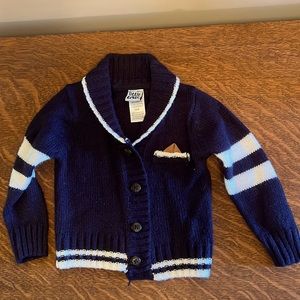 Navy striped button up sweater with faux pocket square